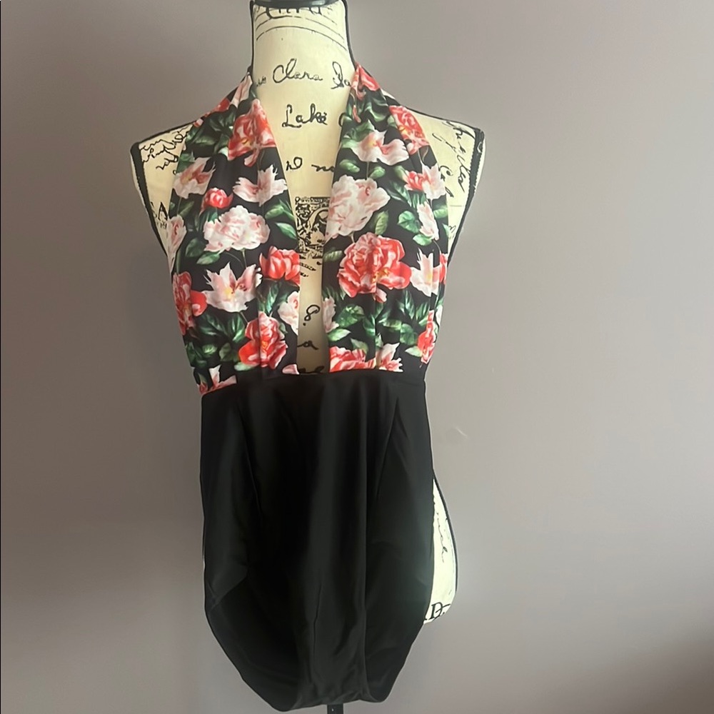Floral Halter Swimsuit - Black and Pink